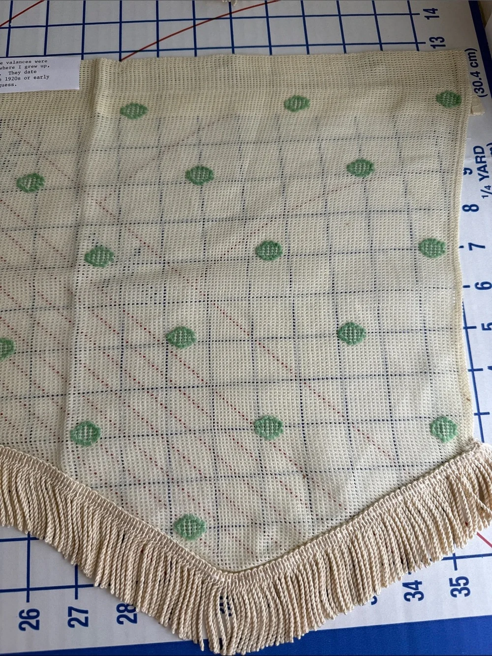 Antique 1920s 1930s Valances Set of 3 Fringed Plaid Green Dot Window Curtains